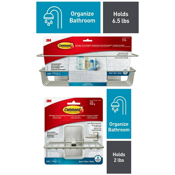 Command Bath Shower Caddy, Satin Nickel, 1 Caddy and Command Soap Dish, Satin Nickel