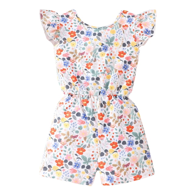 Gibobby pantalones siameses Ropa de mono informal sin espalda con estampado floral de manga voladora para niñas pequeñas de verano(Blanco, 2-3 Años)