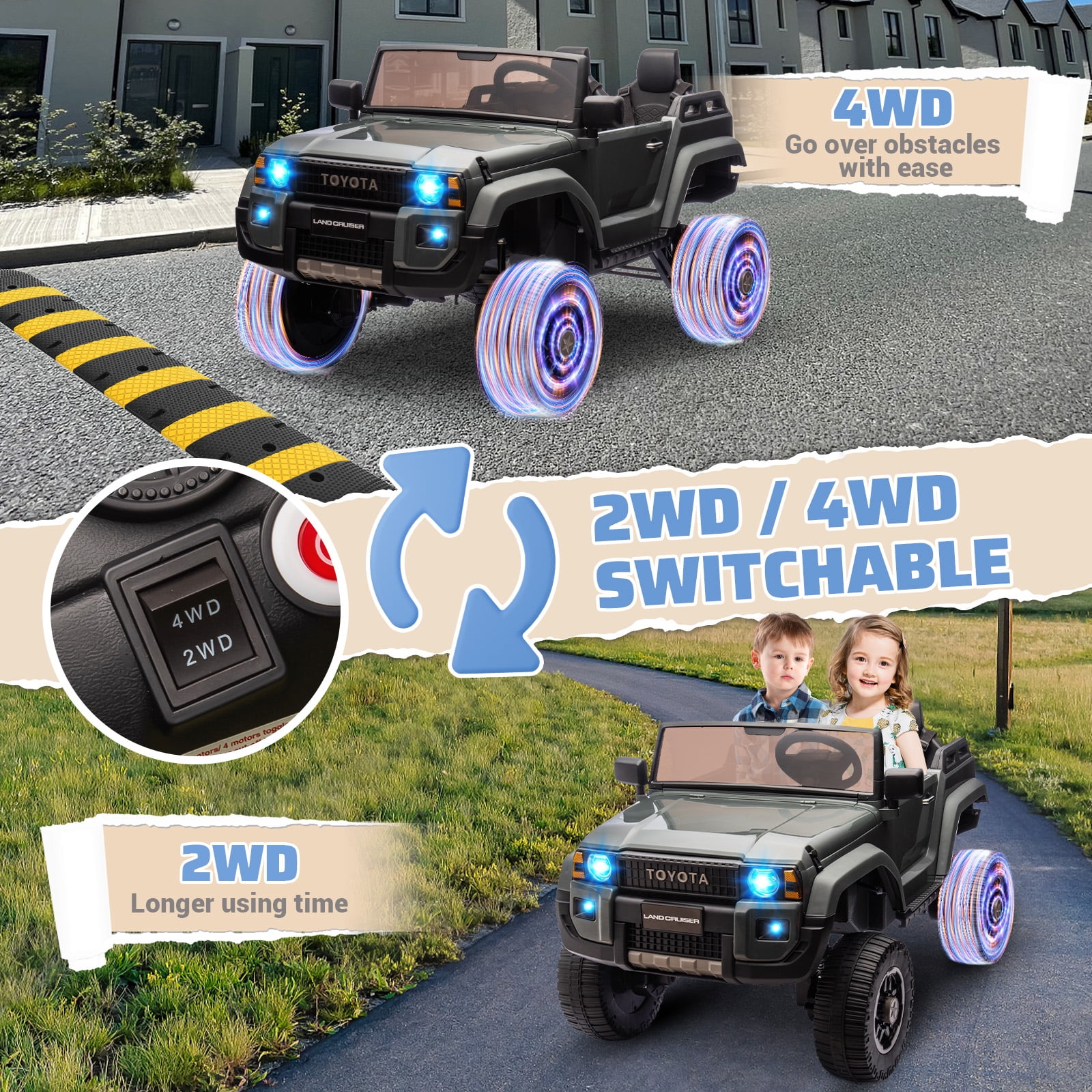 CazToi 24V 2-Seater 4WD/2WD Switchable Motors Licensed Toyota Ride On Car for Kids