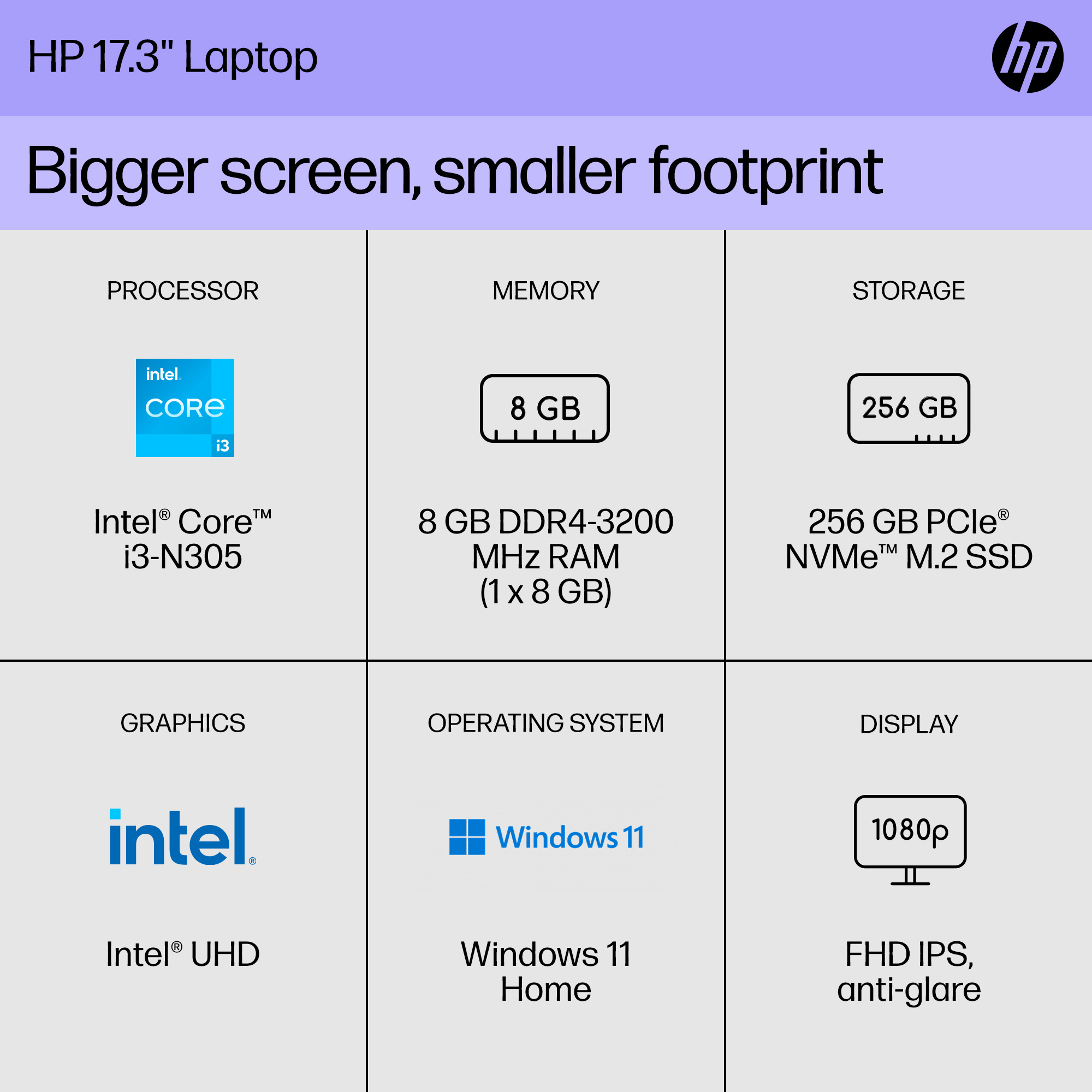 HP 17.3" FHD Laptop, Intel Core i3-N305, 8GB RAM, 256GB SSD, Windows 11 Home, 17-cn3034wm - image 2 of 11