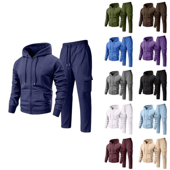 OIOLOYJM Mens Sweat Suits Casual Gym Athletic 2 Piece Outfits Gym Workout Long Sleeve Zip Up Hoodie and Cargo Sweatpants Sets Navy XL