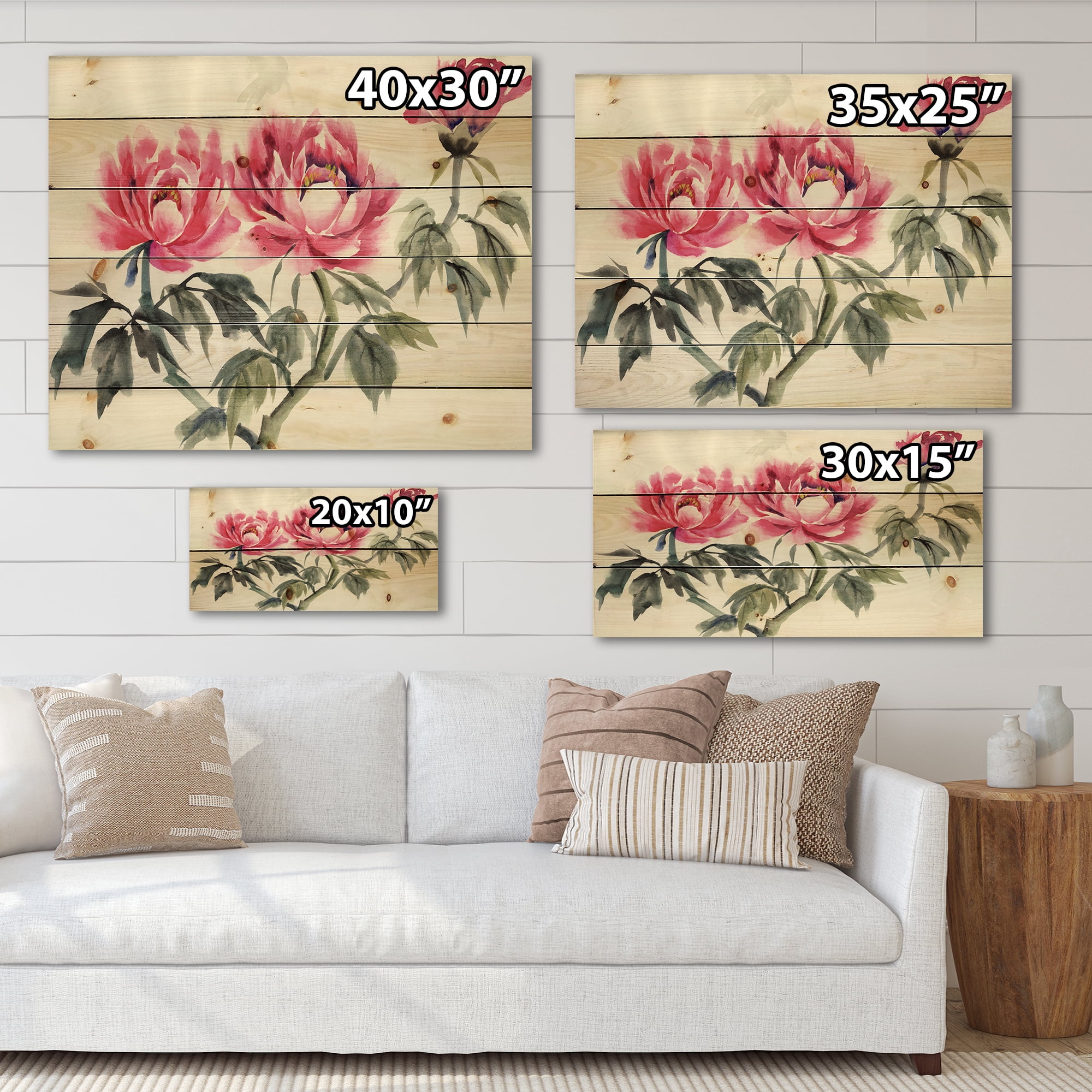 Designart 'Ancient Purple Peonies Branch' Traditional Print on Natural Pine Wood