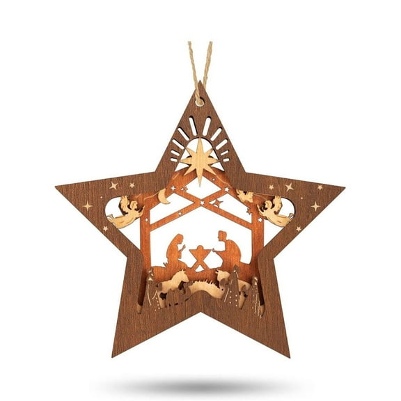 Nativity Scene Ornaments, Christmas Wooden Hanging Ornament Star Shaped Nativity Scene Keepsake for Xmas Tree, The Birth of Jesus Decoration, Religious Family Friends and Christian Gift, 4.7"