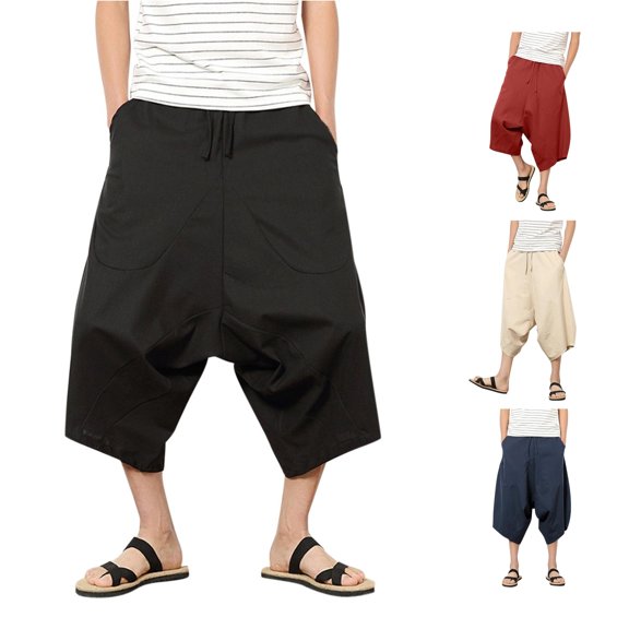 Zylarhe Casual Pants for Men, Men Summer Casual Mid Waist Loose Cropped Harem Pants With Pockets Black XXXXXL