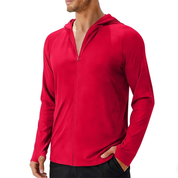 Men's UPF 50 Sun Protection Lightweight Full Zip Hoodie Jacket Long Sleeve Hiking Performance Shirt (Red,S)