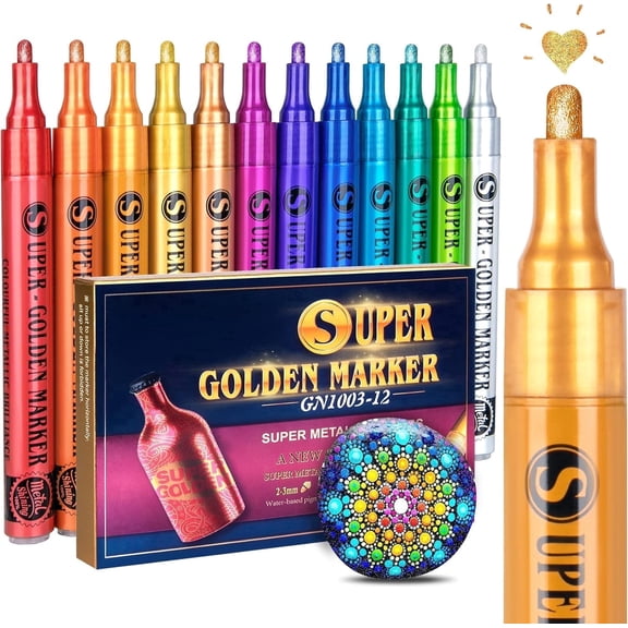 Super Golden Metallic Paint Markers 12 Colors Acrylic Pens for Rock Painting Glass Wood Crafts 2-3mm