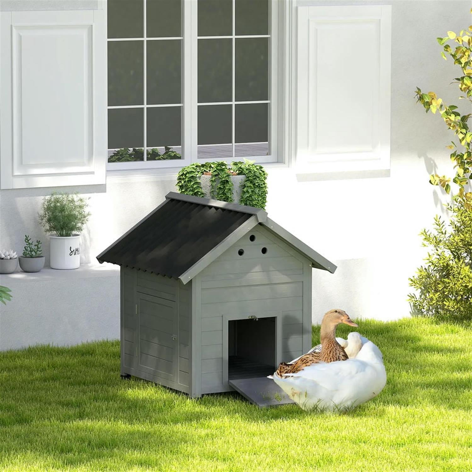 Demi Bonn 30" Wooden Duck House with Openable Roof & Double Doors, Outdoor Chicken Coop, Large Rabbit Hutch, Gray
