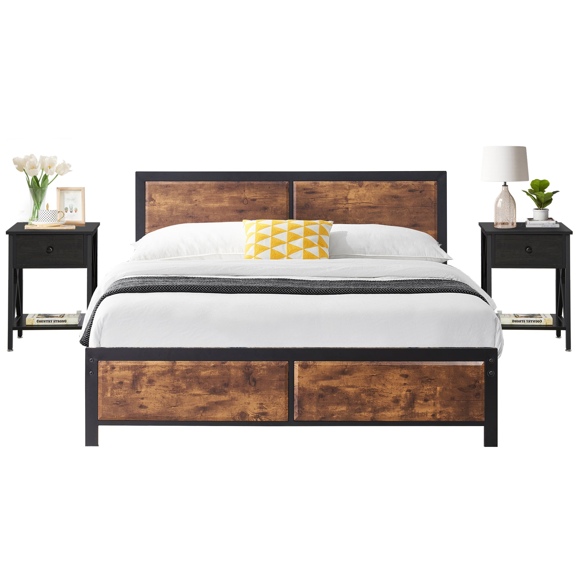 VECELO 3Piece Bedroom Set with Queen Size Bed Frame and 1Drawer Black