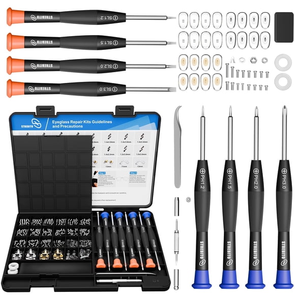 Kit de reparación de gafas STREBITO con 16 tornillos y 12 plaquetas nasales