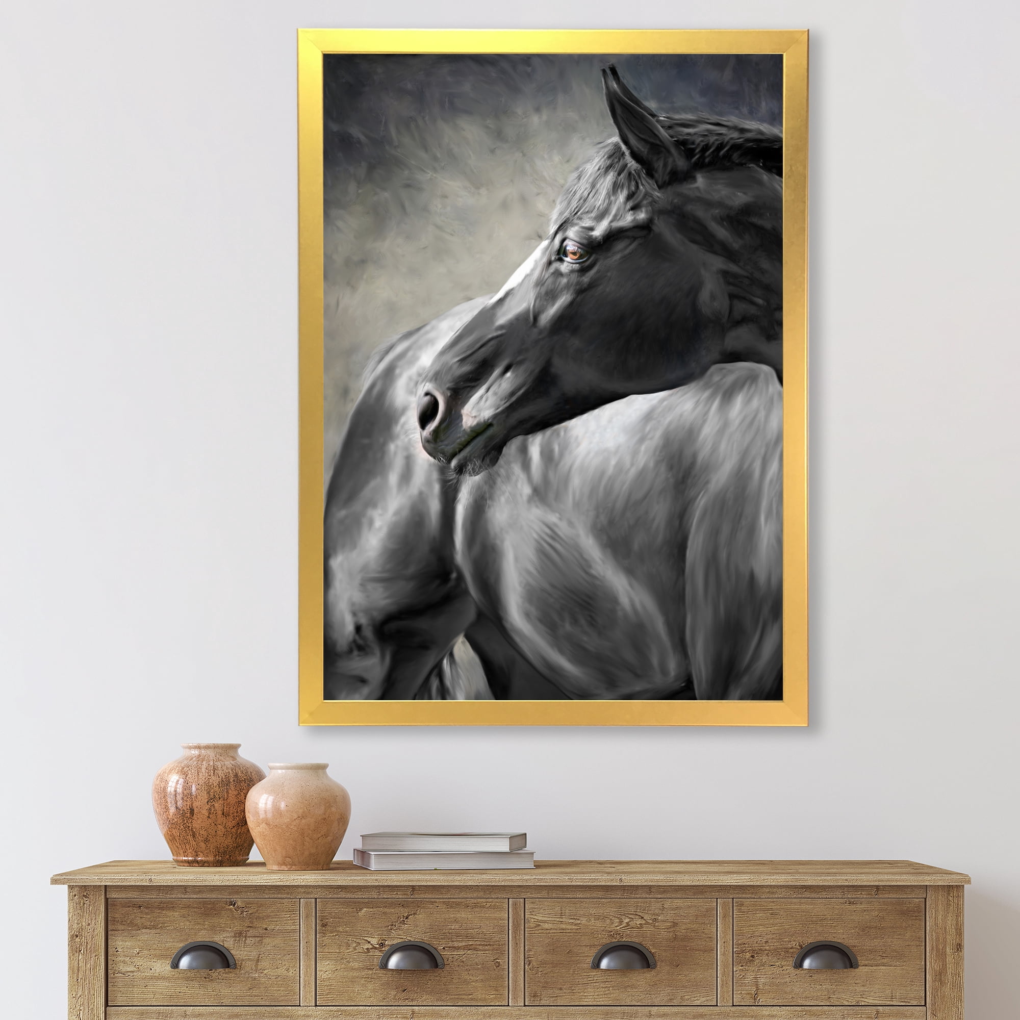 Designart 'Close Up Of A Black Horse' Farmhouse Framed Art Print