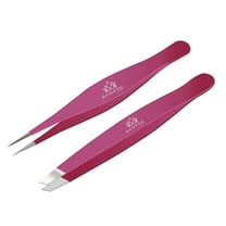 Majestic Bombay Pointy Slanted Tweezers for Women Sharp Tweezers for Hair Removal, Pink, 2 Pack