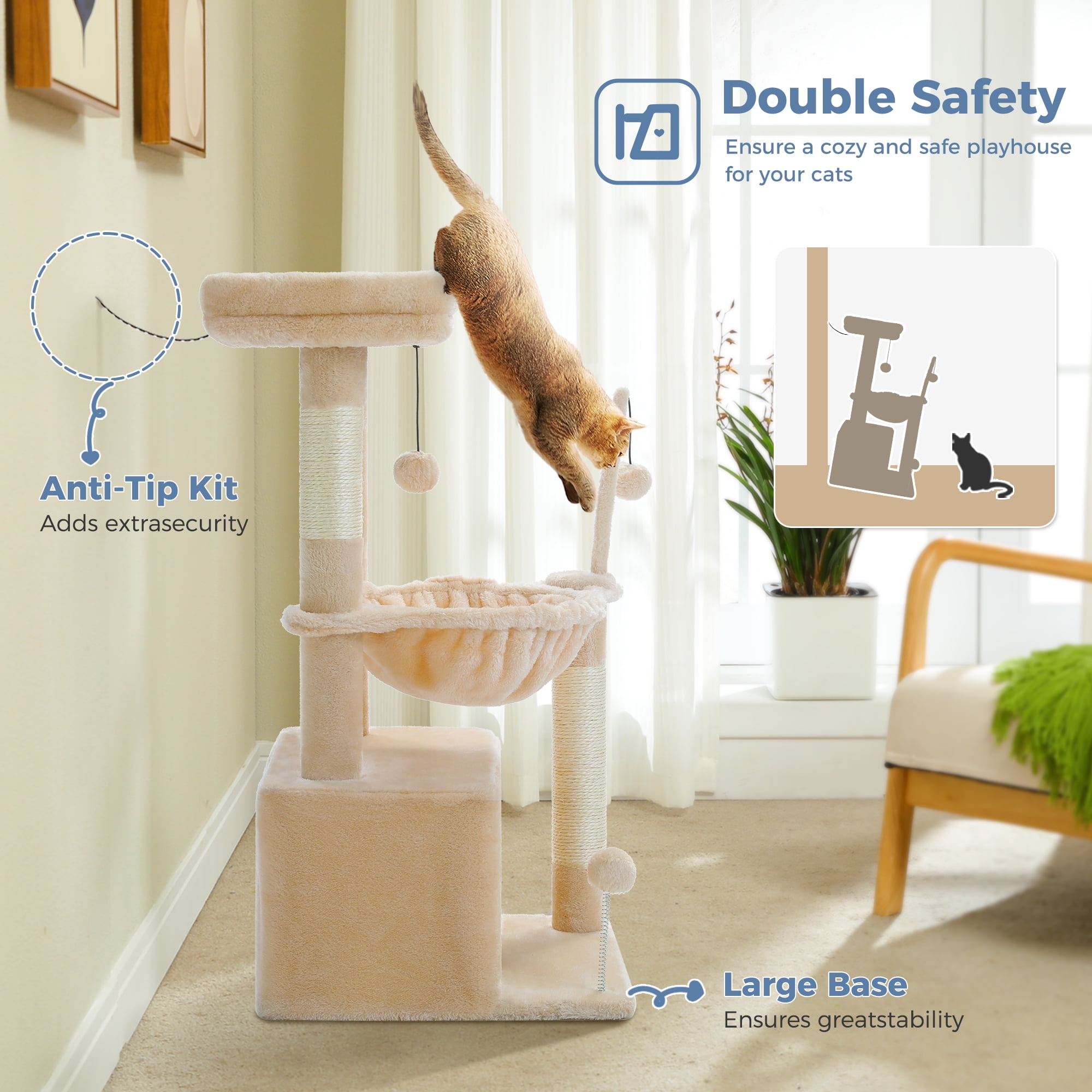 PAWZ Road Cat Tree 33" Cat Scratching Posts Tower with Large Top Perch and Hammock for Medium Indoor Cats, Beige