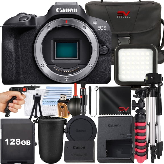 Canon EOS R100 Mirrorless Camera (Body Only) with SanDisk 128GB Memory Card   Case   Tripod   SV Premium Accessory Bundle (International Version)