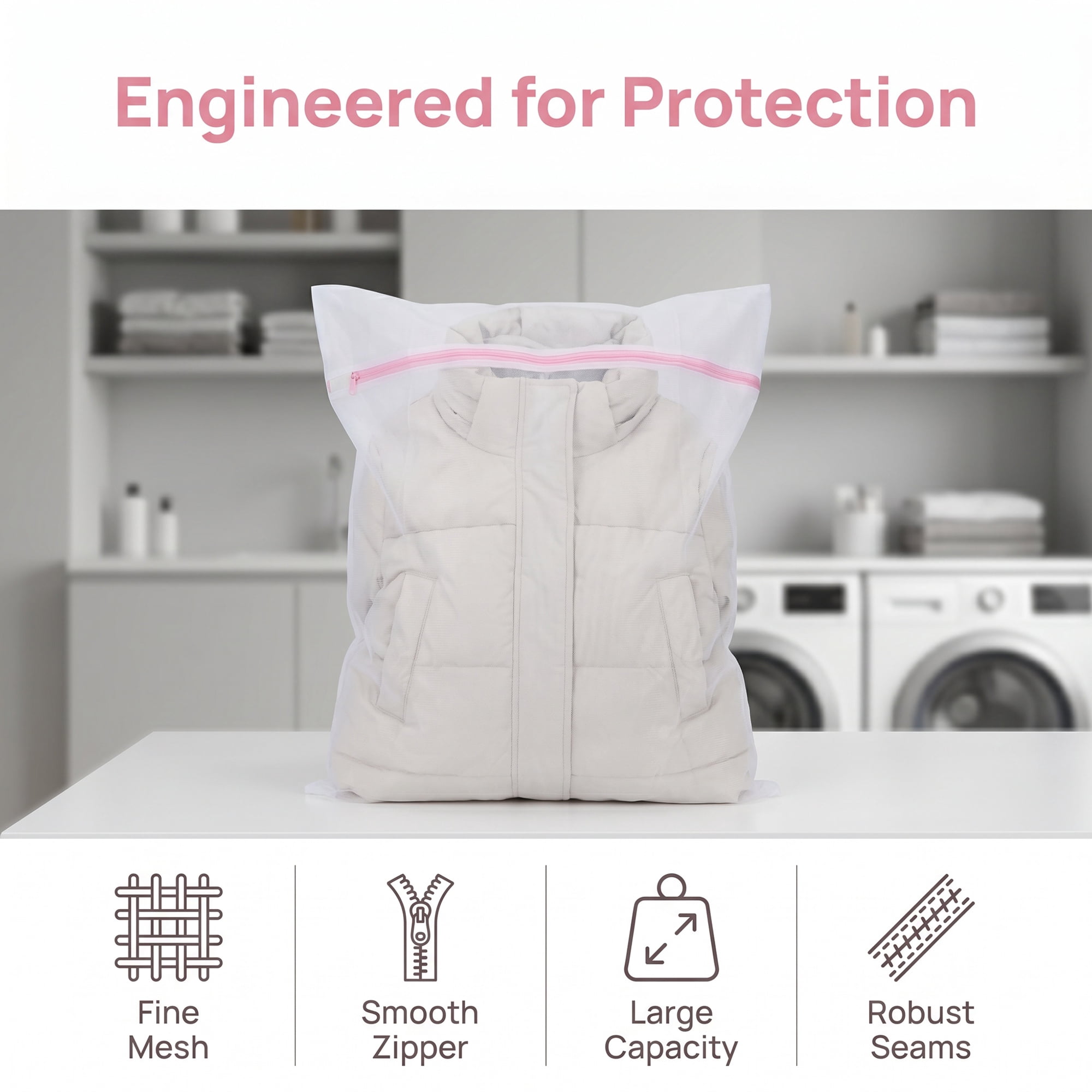 Unique Bargains 3Pcs Durable Mesh Zipper Closure Laundry Bag White-Pink 19.7" x 23.6"