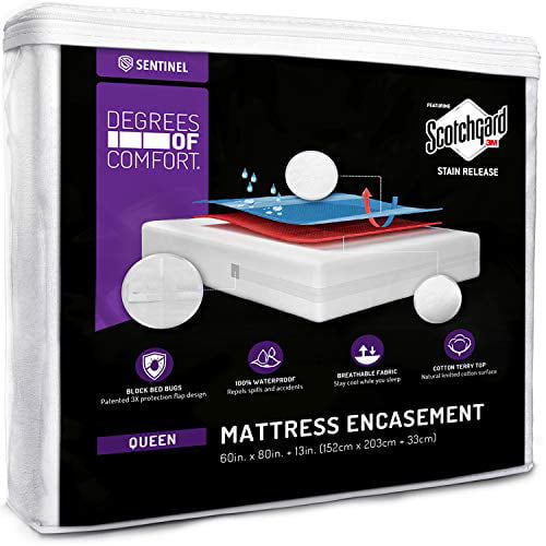 Breathable and Cooling Protector Degrees of Comfort Zippered Waterproof Mattress Encasement Queen Size 3M Scotchgard Stain Resistant Cotton Cover with Deep Pocket 6-8'' Inch