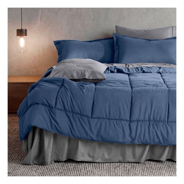 Set Edredón Queen Size + Funda De Almohada + Sábanas 7 Pzas Real Textil Azul - Gris