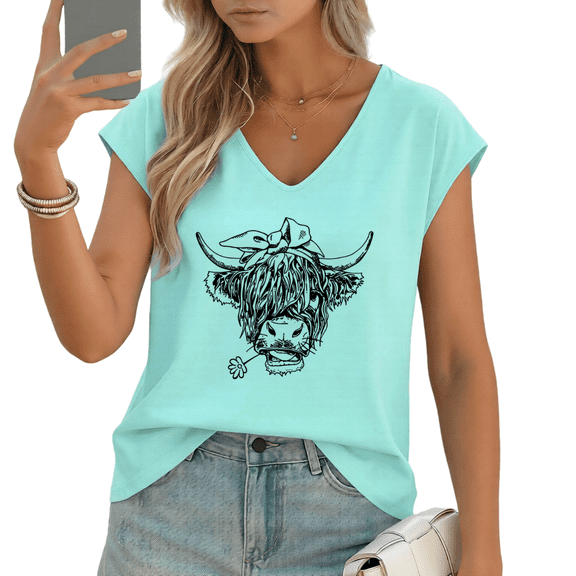 UNISHE Women's Highland Cow with Bow and Flower Graphic V-Neck Sleeveless T-Shirt Casual Summer Tank Top