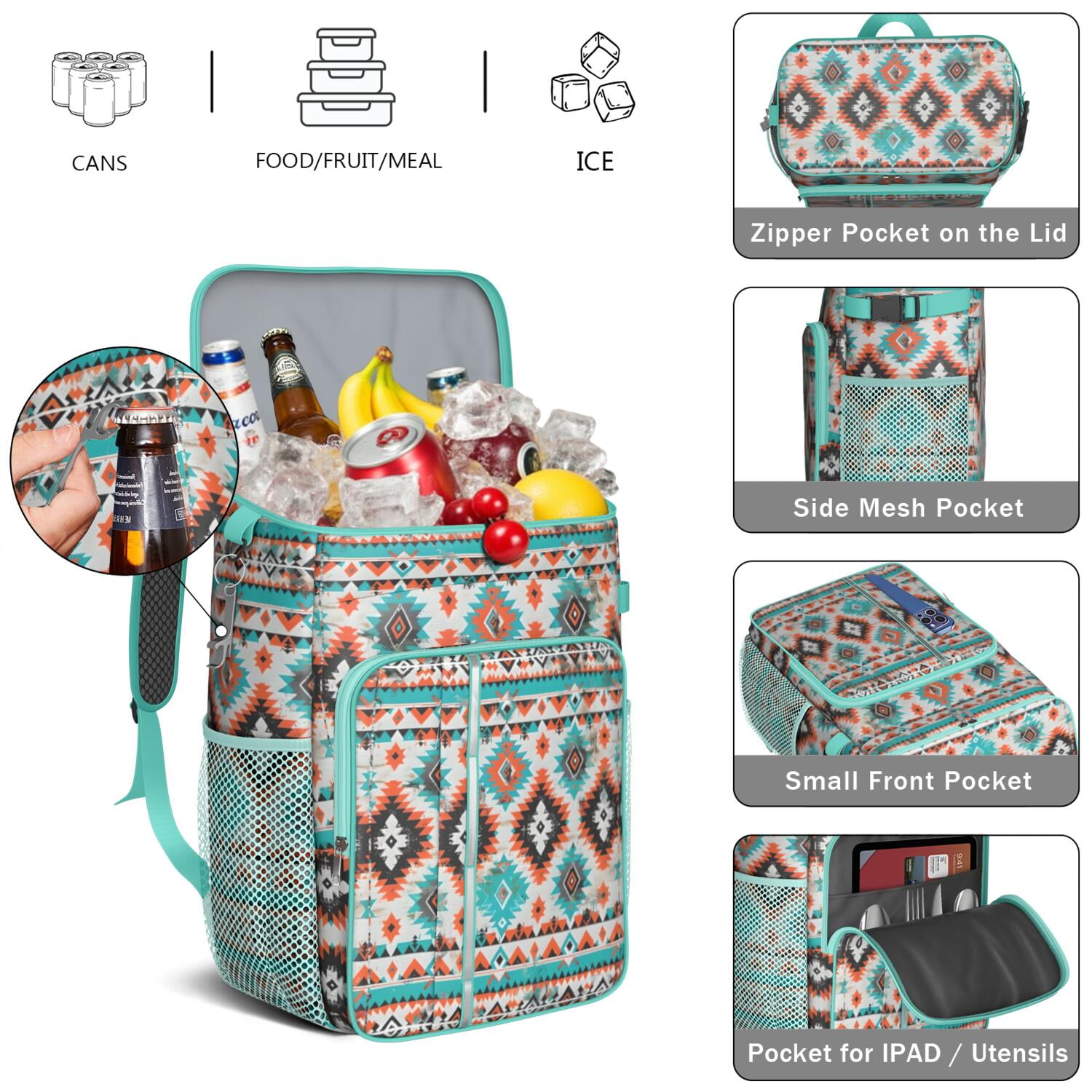 Travel Cooler Bag - Boho Bohemia Pioneer Flower Geometric Line Art Camping Beer Cooler Backpack with Bottle Opener- Waterproof Insulated Picnic Backpacks - Cooler Bag for Beach