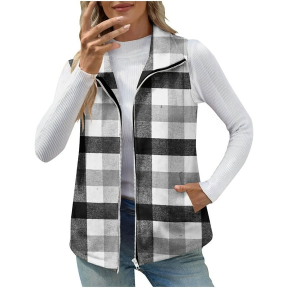 LEBONYARD Women's Trendy Zipper Lapel Plaid Style Sleeveless Loose Fitting Pocket Outerwear Coat Casual Ladies Fall Winter Warm Jackets Outerwear Coat