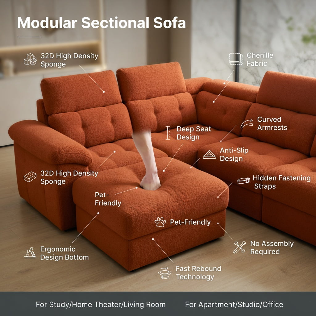 Hommoo Teddy Fleece Modular 4-Seat Sofa, Cloud-Like Softness, Curved Backrest & Armrest, Double-Layer Cushioning with Lumbar Support, Orange