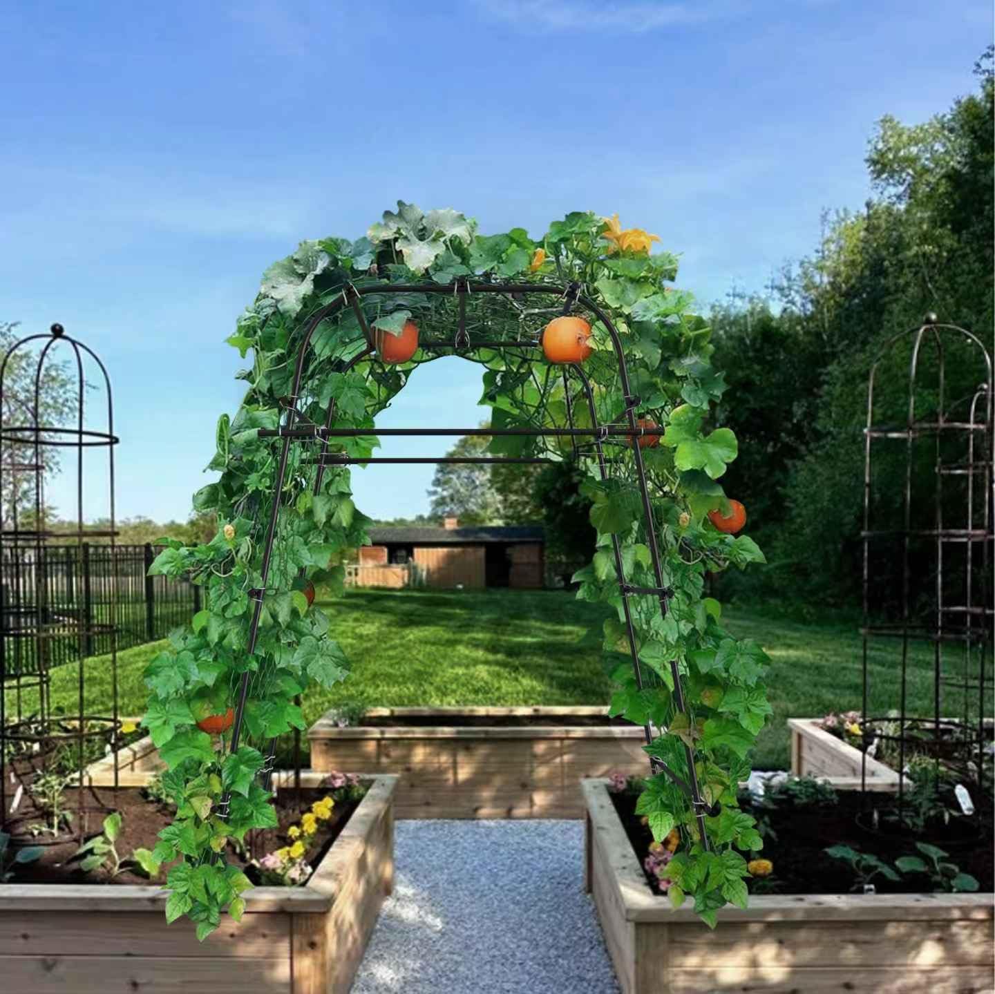 Garden Arch Trellis for Climbing Plants, Rust-Proof Metal Plant Support for Cucumber Tomato Grape Vine, Outdoor  for Raised Bed Backyard, Black, 6.7FT