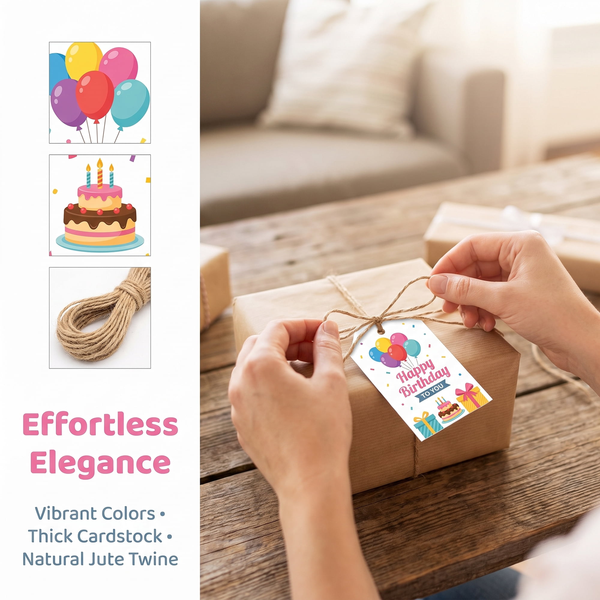 Unique Bargains 100Pcs Elegant Birthday Gift Tags with Twine Party Balloons 2" x 3.1"