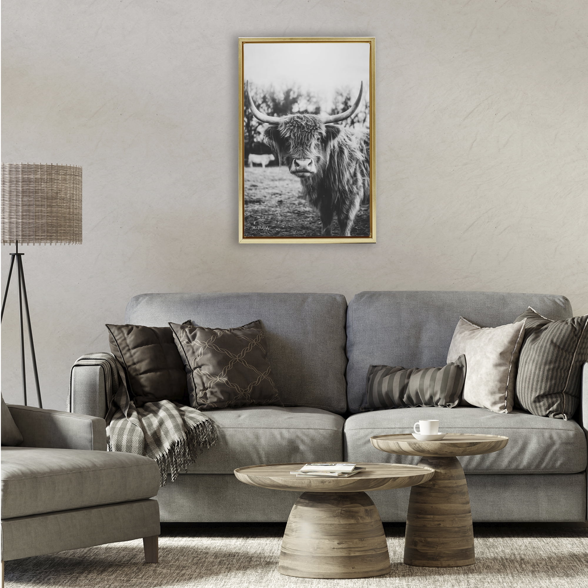 Stupell Industries Peering Highland Cattle Gold Framed Floater Canvas Wall Art, design by Dakota Diener
