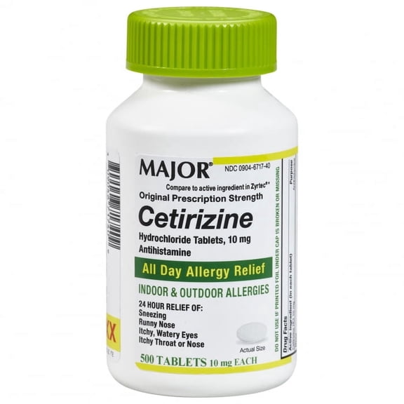 Major Cetirizine Hydrochloride Antihistamine Tablets Allergy Relief Throat Remedies, 10 mg, 500 ct