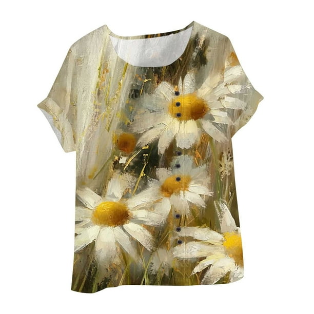 Vestidos Casuales Para Mujer, Blusas De Mujer De Moda Blusa tipo túnica informal de lino con estampado de peces y botones de manga corta para mujer