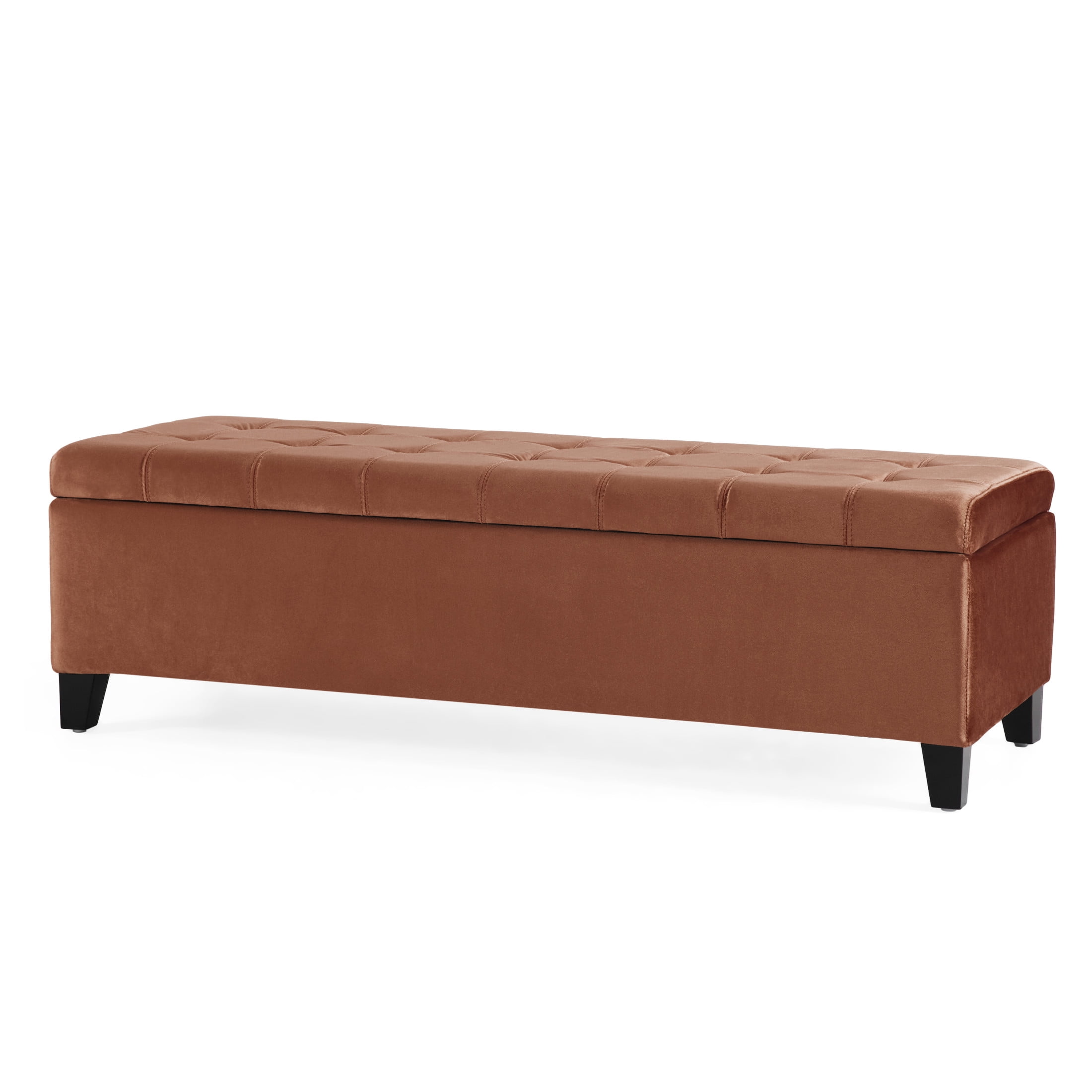 Velvet Tufted Storage Bench with Lift-Up Top & Birch Wood Legs, Blush