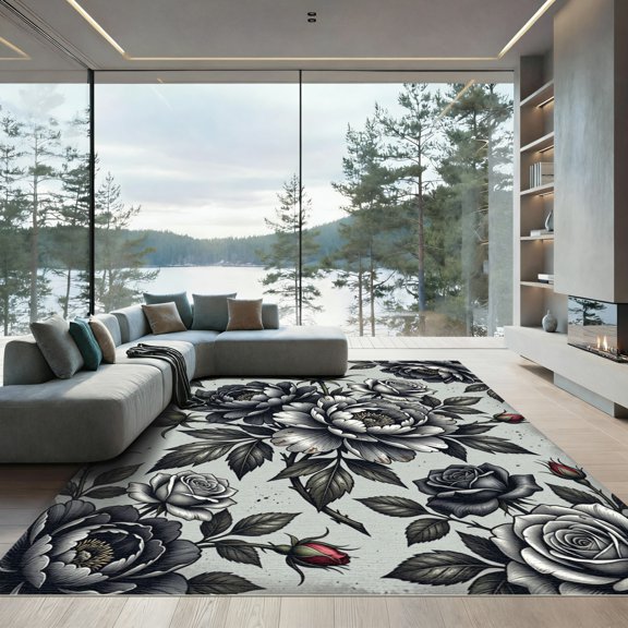 ODIKA 4' x 6' Machine Washable Non-Slip Area Rug, gothic floral High Traffic Rug, Gray, 1127591