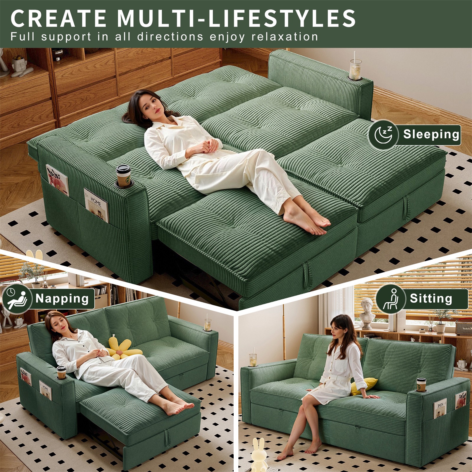 Hommoo 70" Convertible 2-in-1 Pull Out Couch Bed, Multi-Functional Corduroy Loveseat Sleeper Sofa Bed, Green