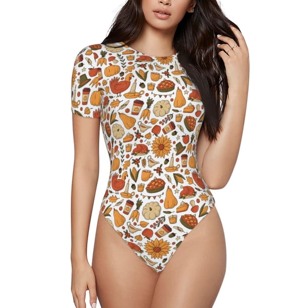 Balery Thanksgiving with Food Body de cuello redondo de manga corta para mujer Tops de manga corta Tops básicos-X-Large