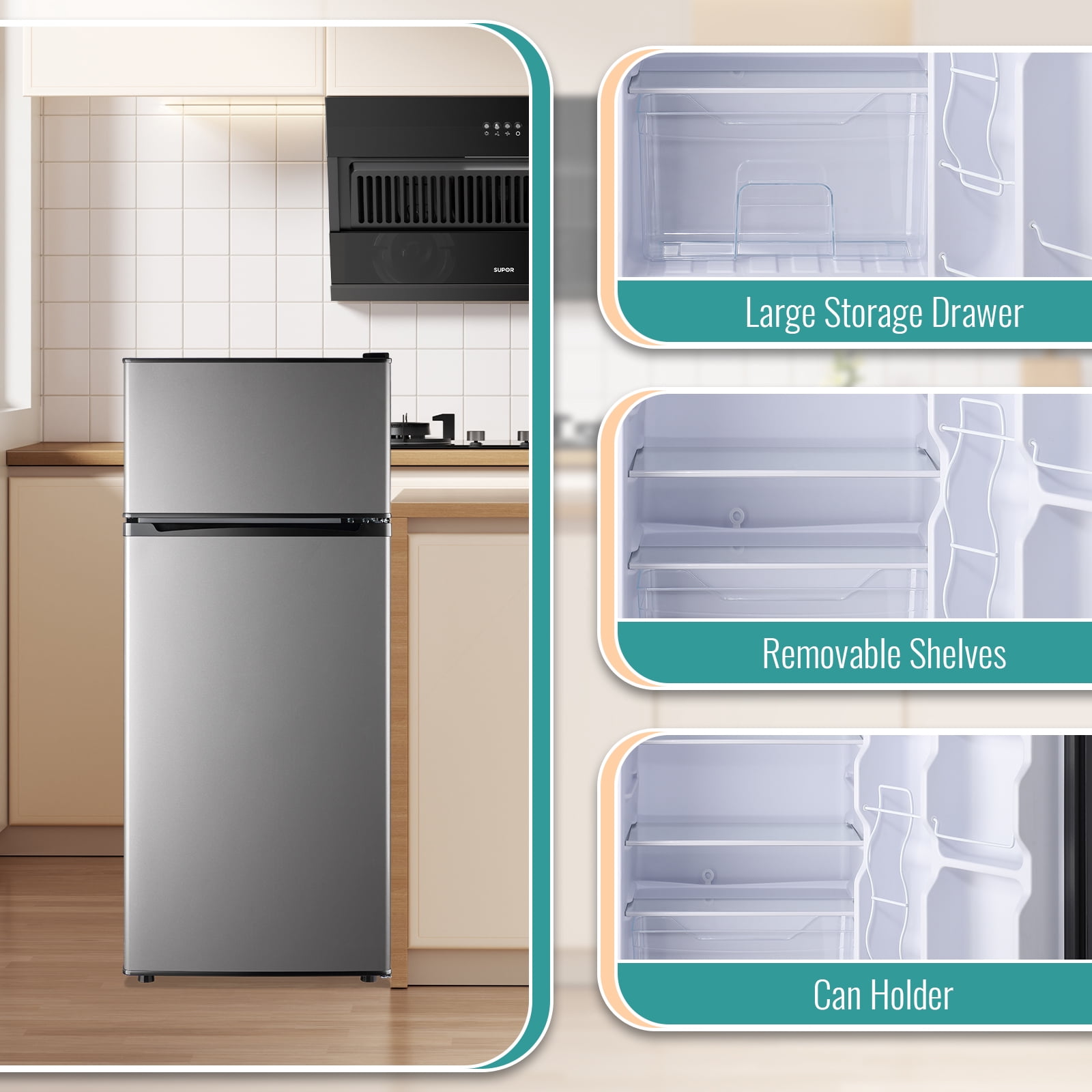 TACOOL Small Refrigerator with Top Freezer 4.6Cu.ft Two Door Mini Fridge with LED Light Extra Drink Space for Apartment Silver
