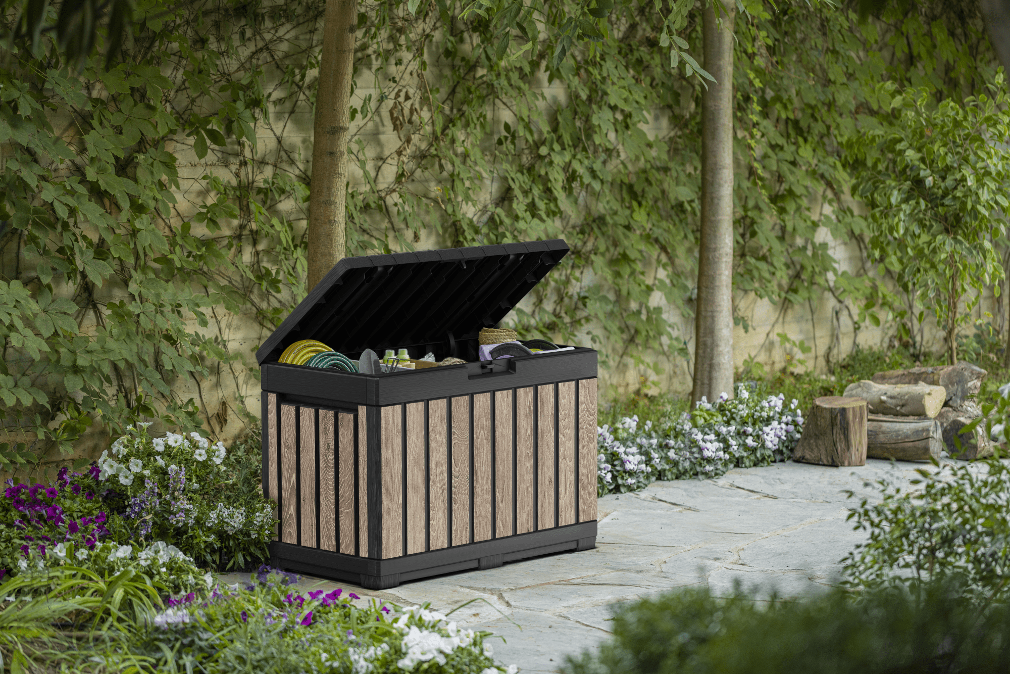 Keter Kentwood 50 Gallon Resin Deck Box-Organization and Storage for Patio Cushions, Throw Pillows and Garden Tools, Ashwood