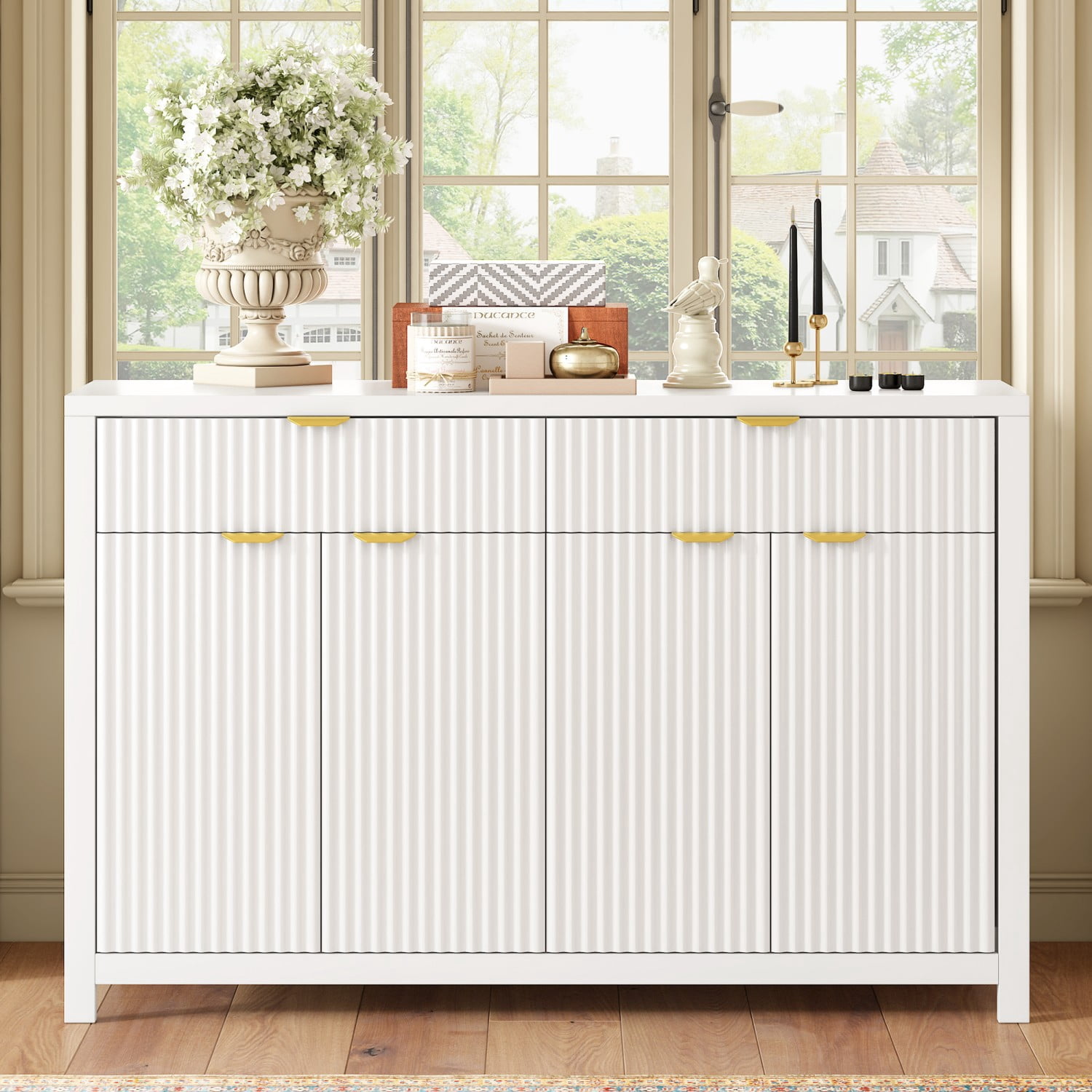 Modern 55.1" Sideboard Buffet Cabinet, 2 Drawers 4 Doors Storage Credenza with Adjustable Shelves, Wave-Pattern MDF Cabinet for Living Room Dining Entryway, White