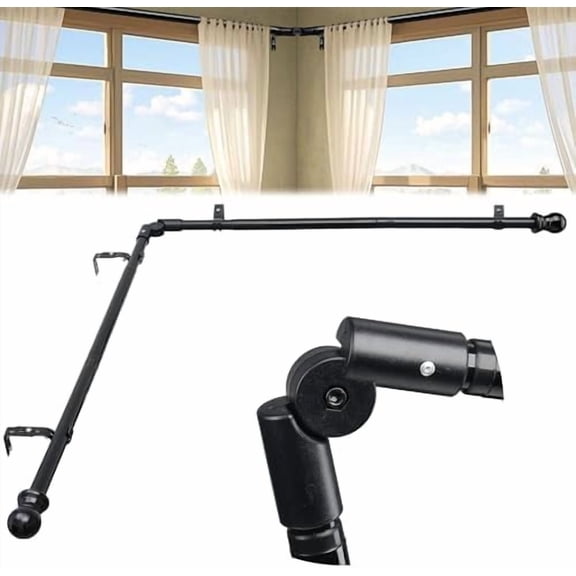 Corner Window Curtain Rods, L Shape Heavy Duty Curved Curtain Rods for Curtain Windows with Brackets, 30-136" Adjustable Curtain Rods for Bedroom, Living Room, Dinging Room, Black