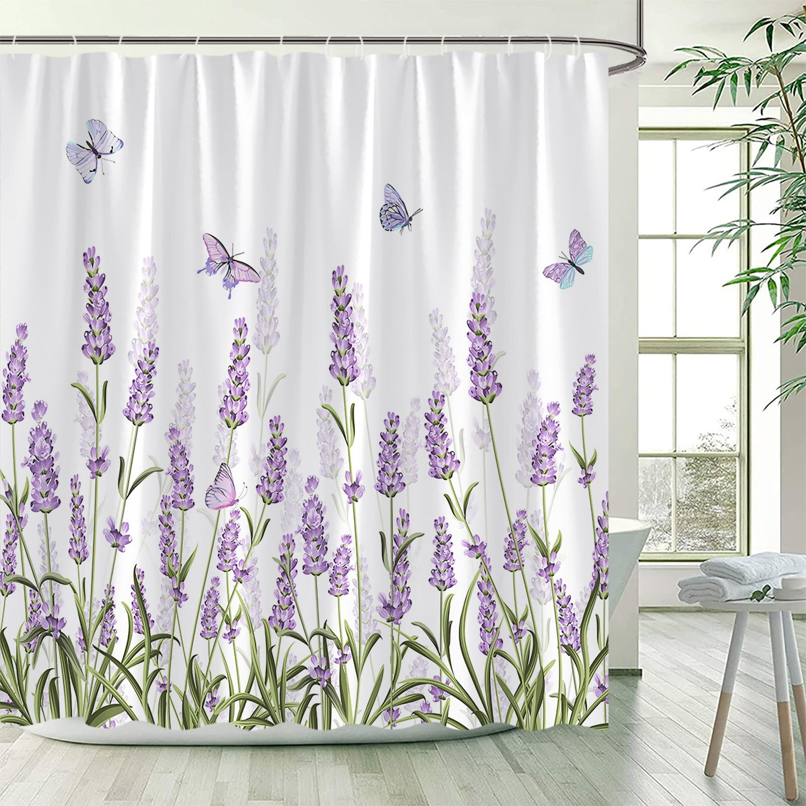 Purple Lavender Shower Curtains Butterfly Green Plants Flowers Bath