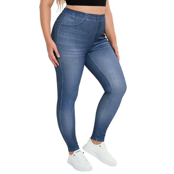 Bellella Women Faux Denim Pant Tummy Control Plus Size Leggings High Waist  Fake Jeans Skinny Elastic Waisted Pencil Pants Workout Bottoms Blue 5XL 