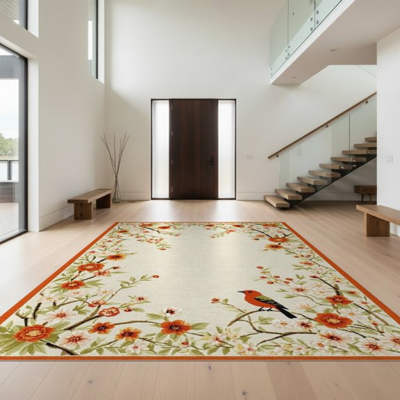 Design&I 8'x10' Washable Area Rug Retro Century Mid Bird Motif Burnt Orange Sage Funky Eclectic for King Size Bedroom, Under Bed, Sleek Flatweave Pet Friendly