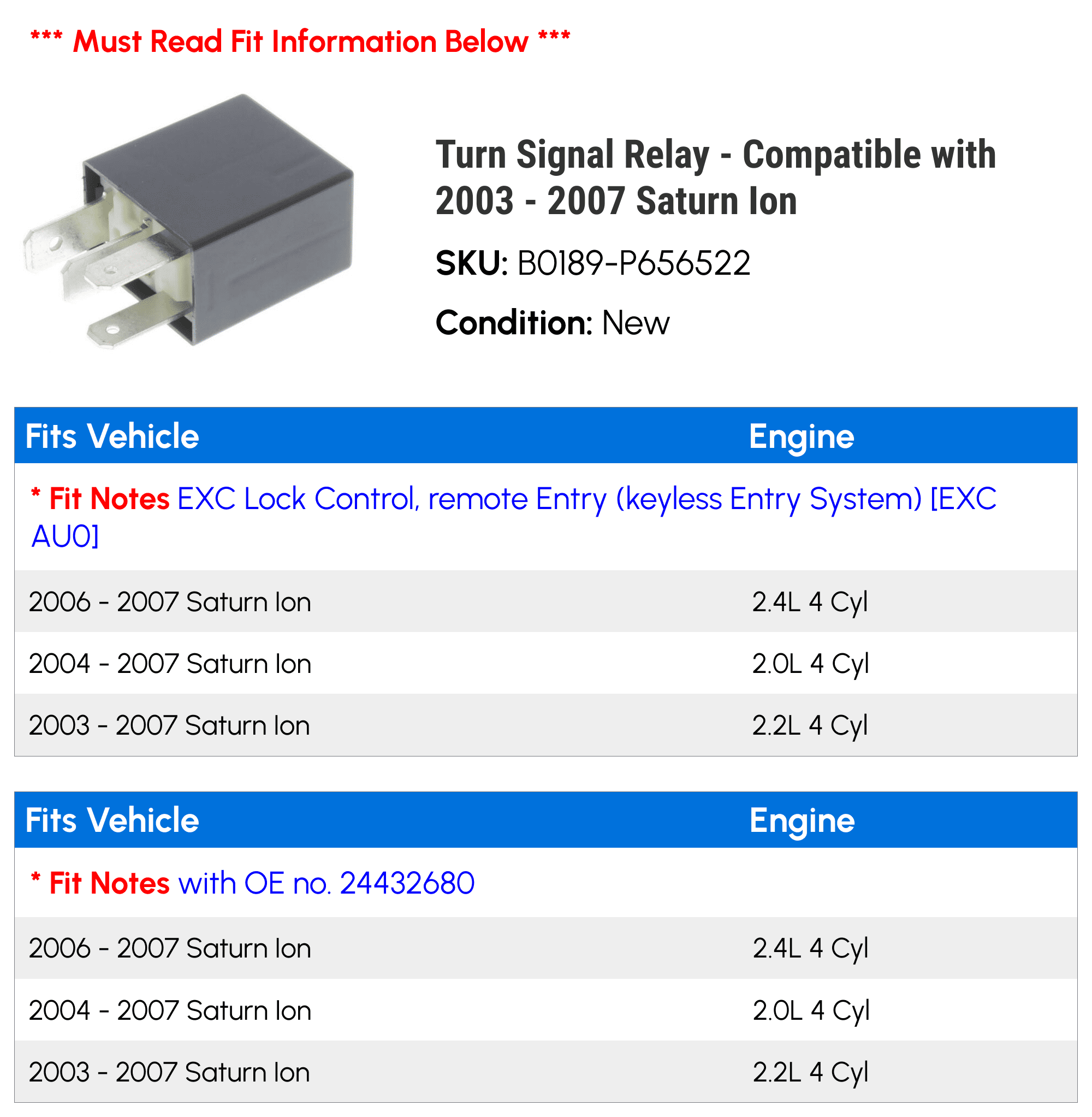 Turn Signal Relay - Compatible with 2003 - 2007 Saturn Ion 2004 2005 2006