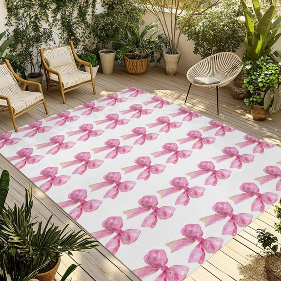 Fsddascl Pink Bow Ribbon Outdoor Rug for Patio/Deck/Porch, Non-Slip Large Area Rug 5 x 8 Ft, Bowknot Bow Tie Aesthetics Minimalist Indoor Outdoor Rugs Washable Area Rugs, Camping Rug Carpet