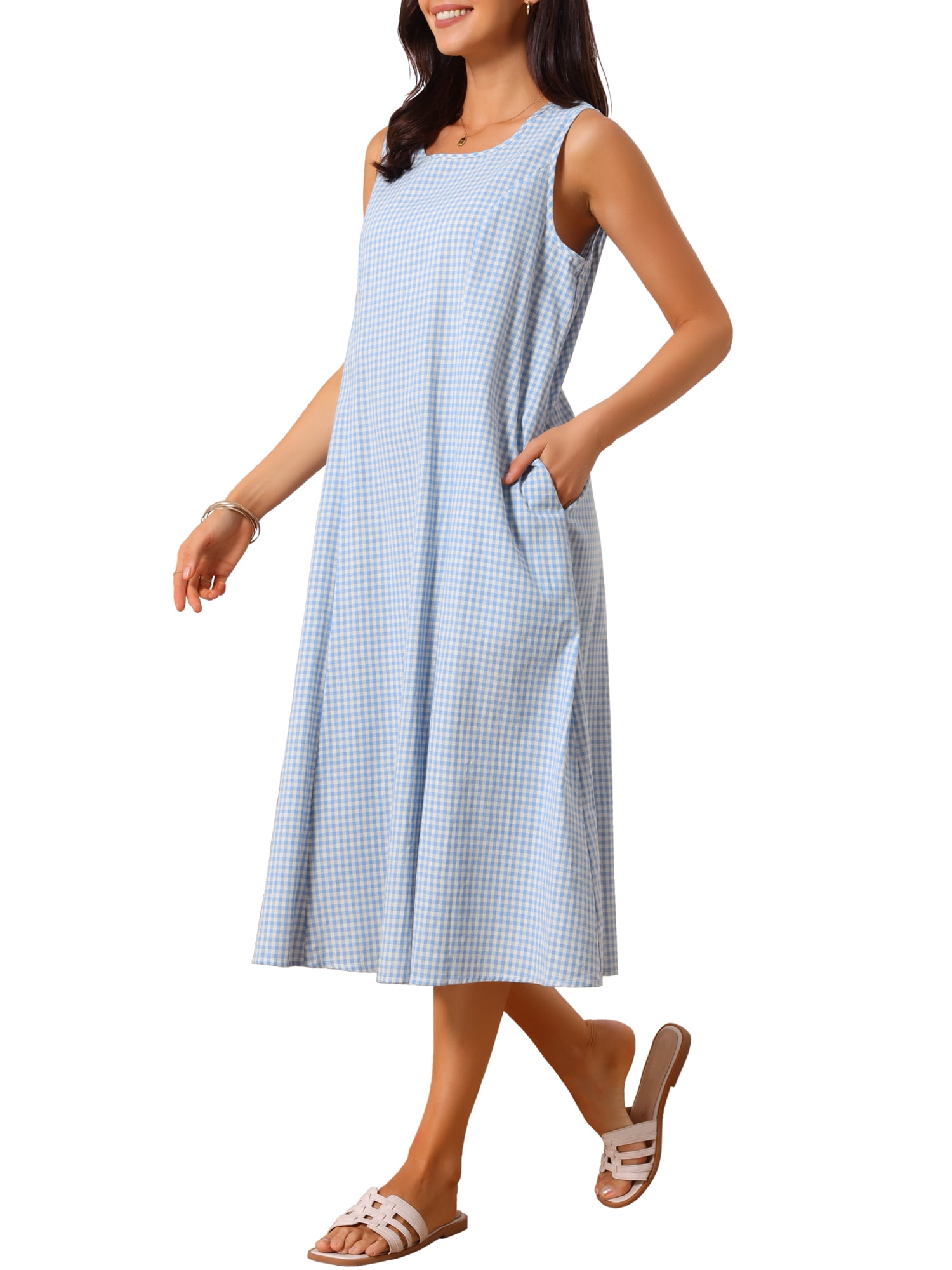 DARING DIVA Plaid Sleeveless Loose Fit Tank Midi Dress S Light Blue