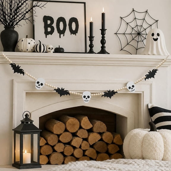 Beth 6.7 ft Halloween Garland, Bat Skull Wooden Bead Garland for Fireplace Mantel, Wall, Shelf and Indoor Party Decor