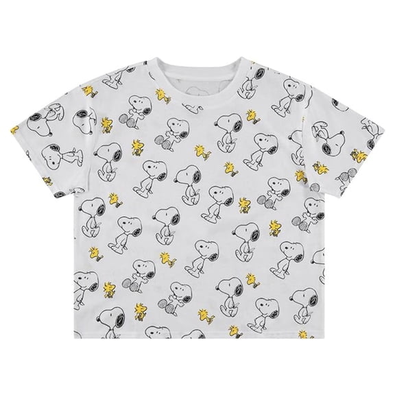 Peanuts Women's Snoopy Shirt, Printed Allover Classic Cartoon Snoopy Crop Top T-shirt White – M