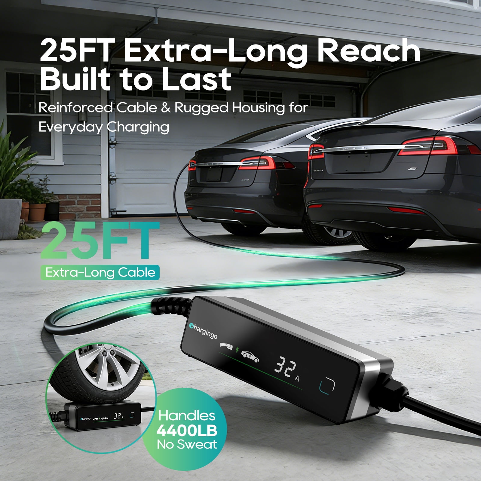 TOPDC Level 2 EV Portable Charger for Tesla, 32A 240V, Nema 14-50, Nacs Connector, 25ft Cable, Adjustable 16-32A, ETL Certified, Lcd Display, Plug-and-Play