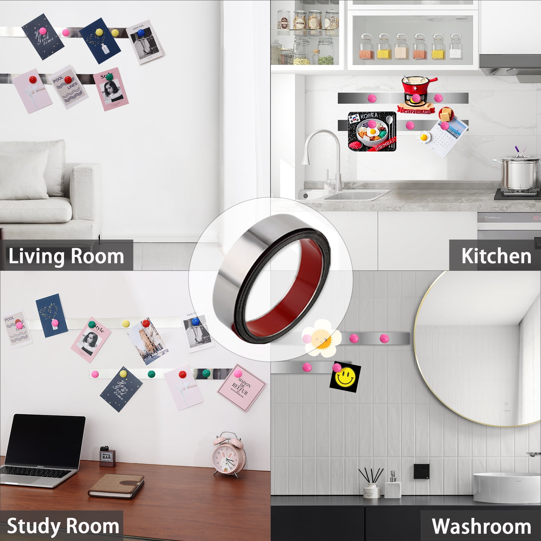 Gaahing Self-Adhesive Backing Metal Tape with 50 Pcs Magnets, Flexible Ferrous Memo Strips for Magnets, Bulletin Bar Board Office Home Use
