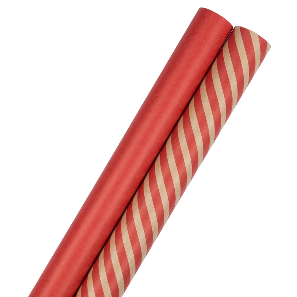 JAM Stripe & Solid Kraft Wrapping Paper, All Occasion, 50 Sq. ft Total, 2/Pack