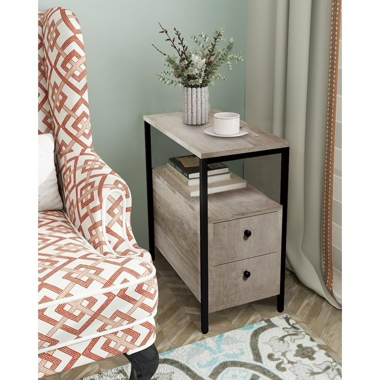 Side Table with Charging Station Narrow Nightstand with 2 Drawers Living Room End Table with Storage Slim Bedside Table for Small Spaces Rustic