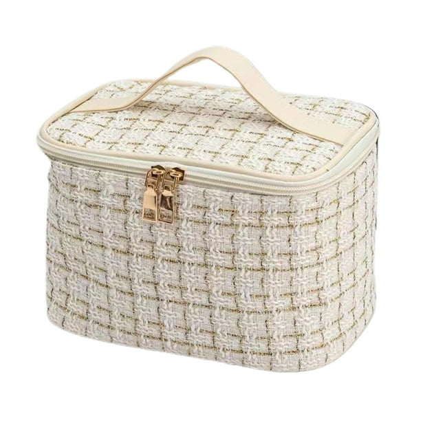 Bolsa de almacenamiento de cosméticos de gran capacidad, portátil, para viajes, de 21 x 14 x 14 cm, en blanco y negro, color blanco lechoso